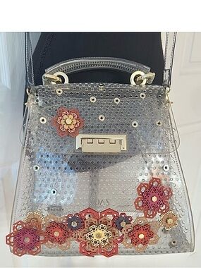 ZAC POSEN ~ Floral Applique Top-Handle Bag Transparent w/Gold & Coral Flowers